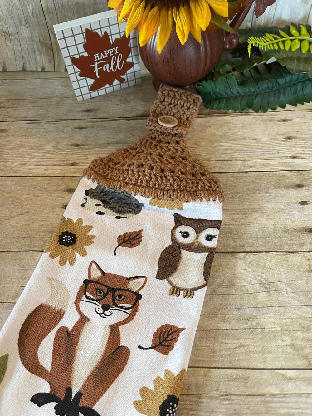 Fox & Fall Colors Crochet Top Hanging Single Thickness Towel Handmade W Love